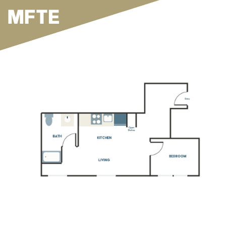 A floor plan of a small apartment with a living room, kitchen, bedroom, and bathroom.